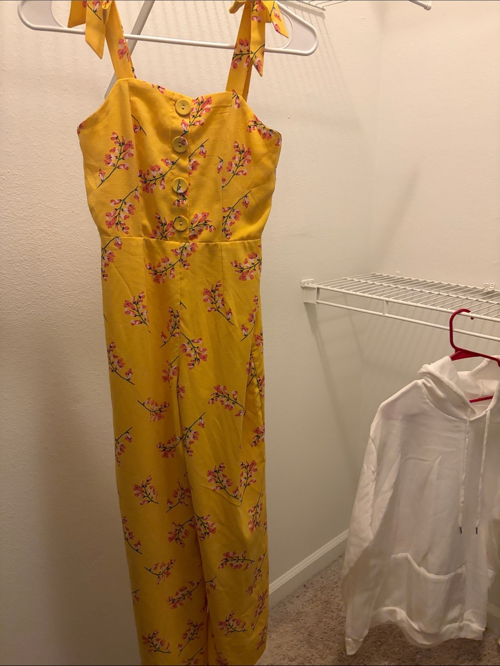GB girls Yellow Floral Tie-Shoulder Jumpsuit with Pink Blossom Print